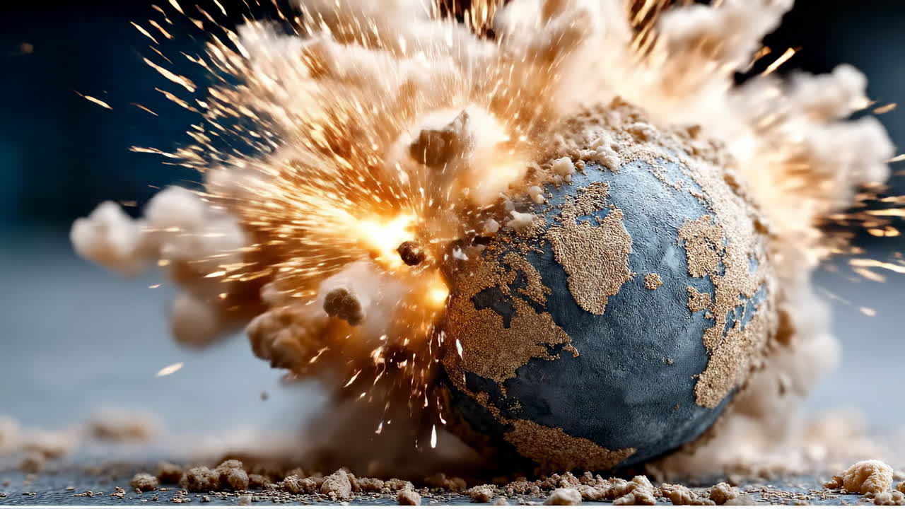 Earth shatters in a dramatic explosion. A globe bursts apart, sending debris flying in all directions, creating a cloud of dust and fragments
