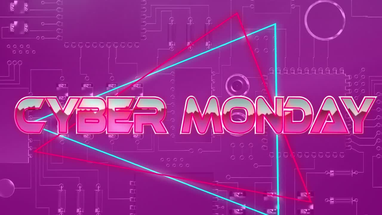 Animation of cyber monday text over geometrical shapes and processor cores