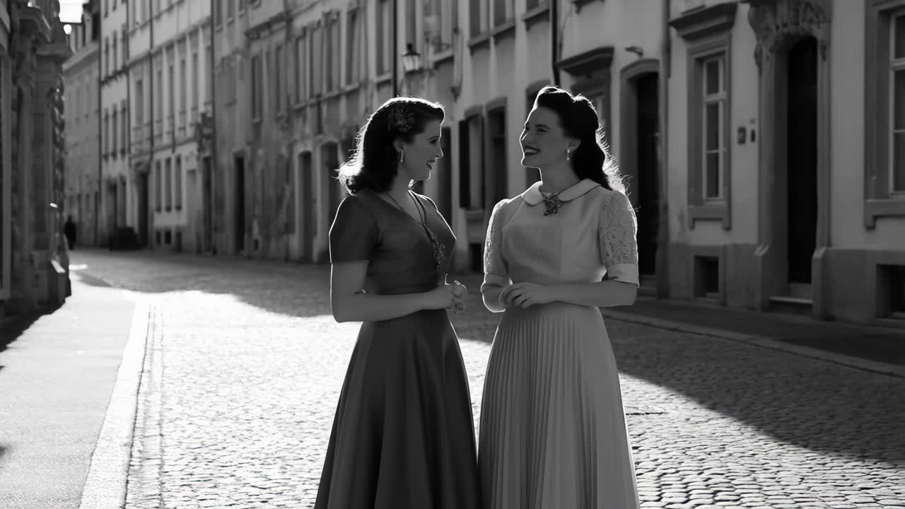 Two women in vintage dresses on a cobblestone street in black and white
