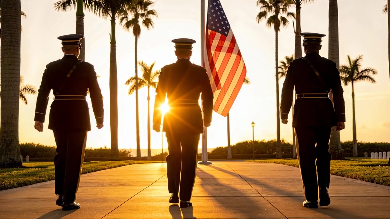 Tre militari in alta uniforme che marciano al segnale cerimoniale, muovendosi verso la bandiera USA in una piazza con palme.