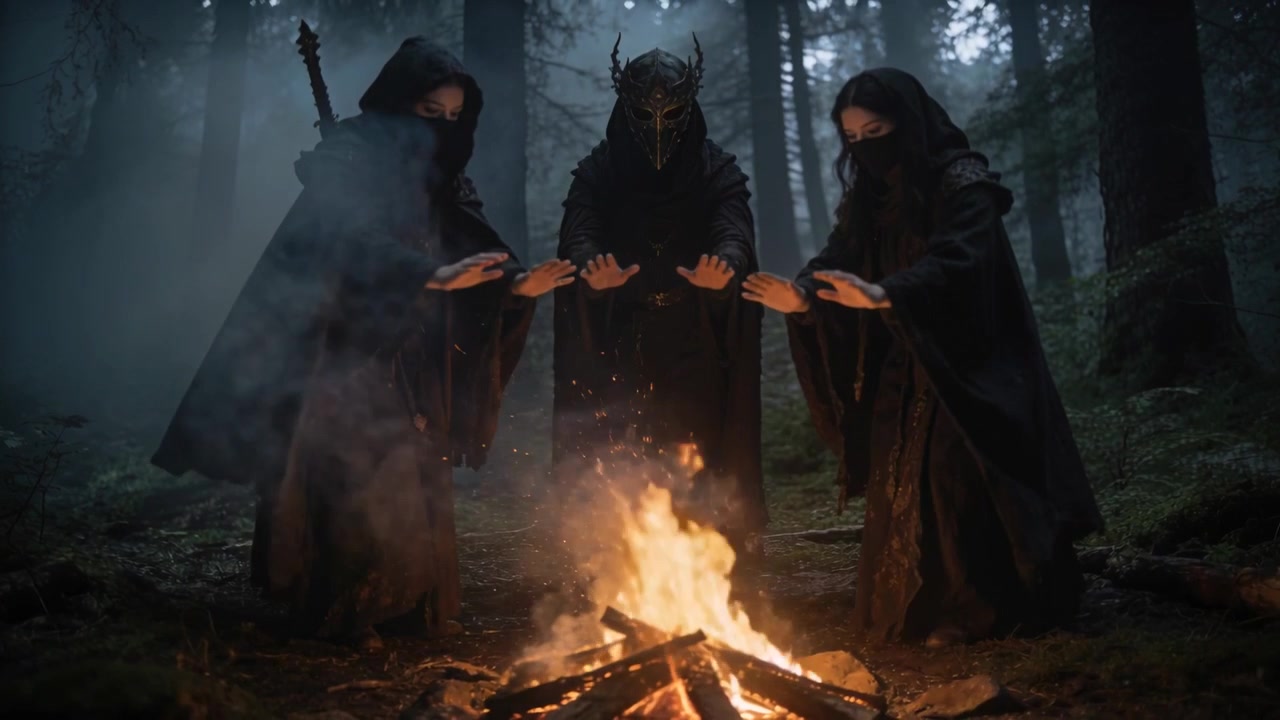 Fiamme che si alzano, tre figure ammantate che estendono le mani sul fuoco in un bosco nebbioso, rituale per una maschera cornuta.