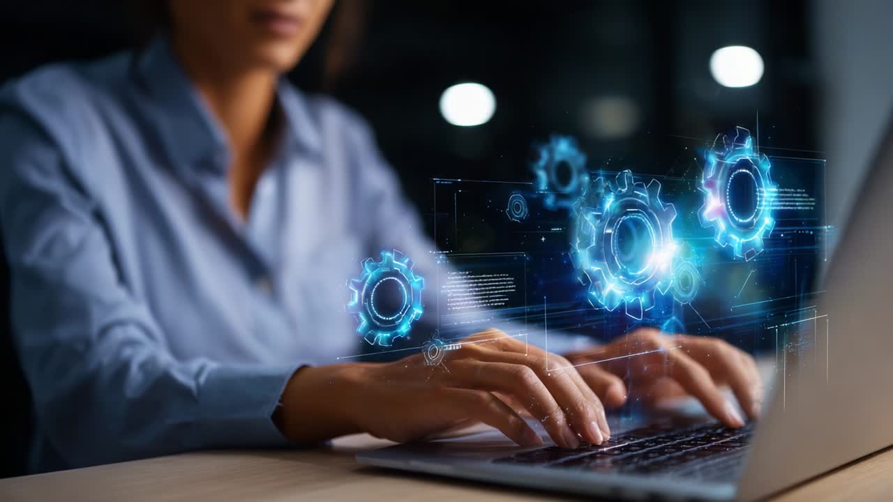 A Focused Professional Using a Laptop for Digital Productivity, Surrounded by Glowing Blue Gears Symbolizing Advanced Technology and Automation in a Modern Workspace Environment