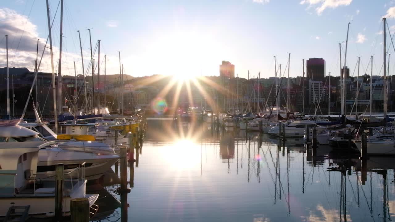Smukt sollys der spejler sig i lystbådehavn og roligt havvand i hovedstaden Wellington i New Zealand Aotearoa