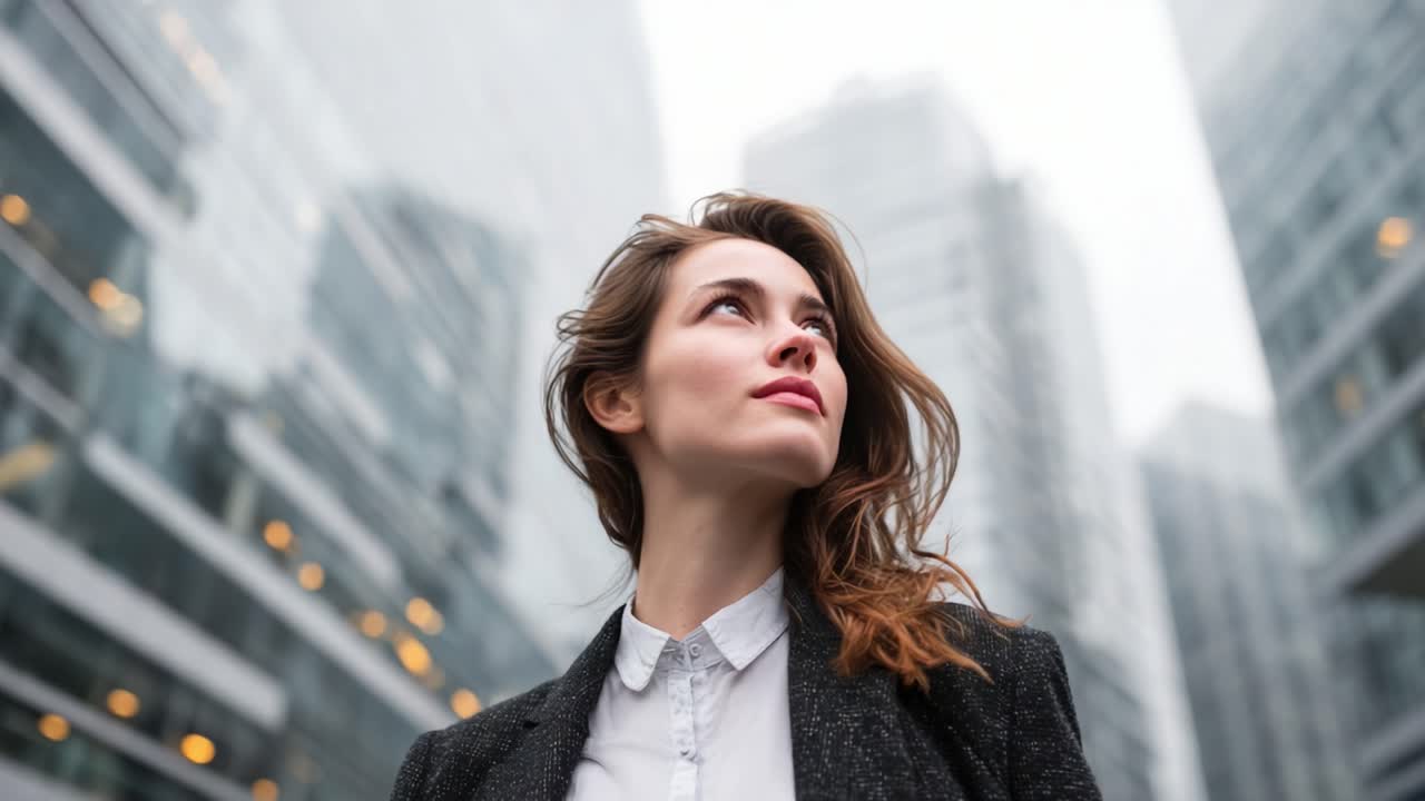 Confident Woman Gazing Upward Amidst Urban Architecture, Capturing Ambition and Possibility in Modern Cityscape