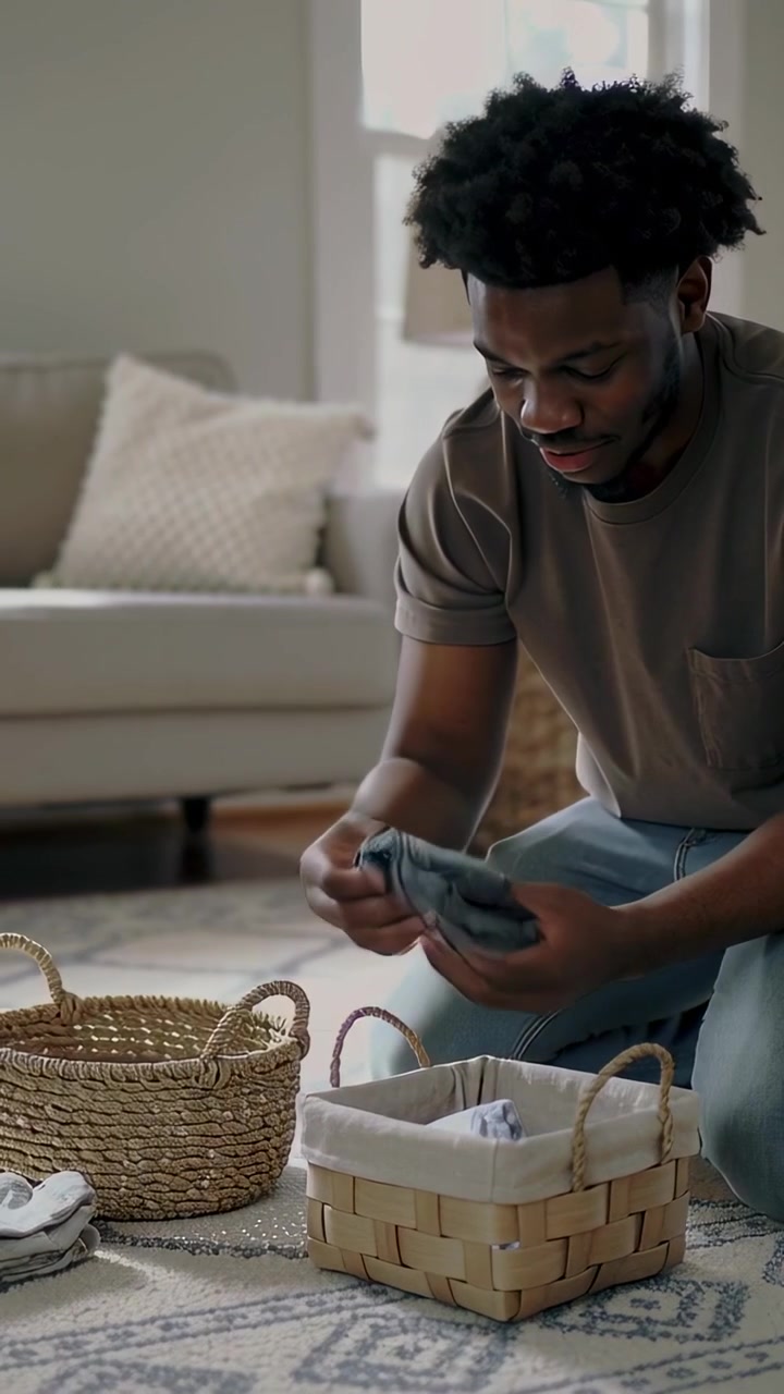 Vertical video: Picking cloth, man in olive tee, jeans kneeling on rug folding laundry into baskets