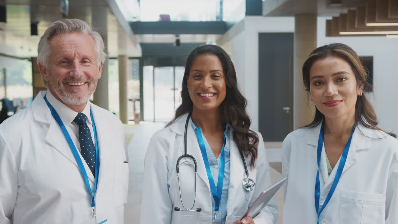 Portrait Of Medical Staff Wearing White Coats With Digital Tablet Having Meeting In Hospital