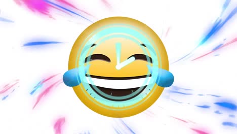 reloj digital de neón haciendo tictac sobre el emoji de la cara riendo contra las ondas digitales sobre fondo blanco