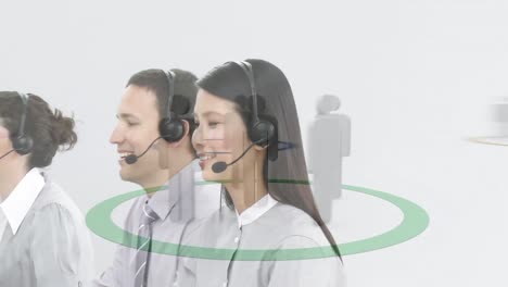 animación de la red de conexión con iconos sobre personas de negocios que usan auriculares de teléfono