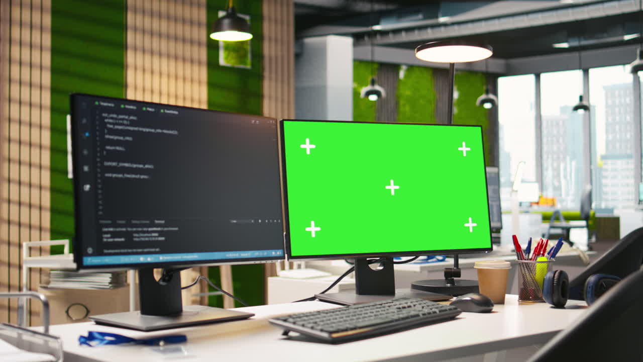 Isolated Screen Computer Monitor In Modern Startup Office Displaying Code