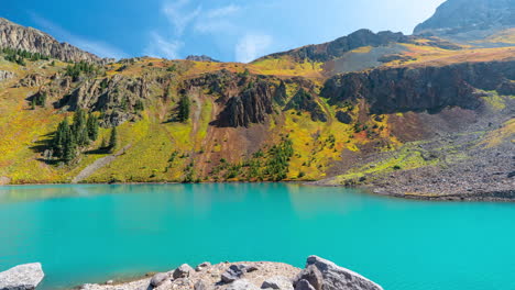 timelapse, turquoise alpine water in lake under green mountain hills on sunny summer day