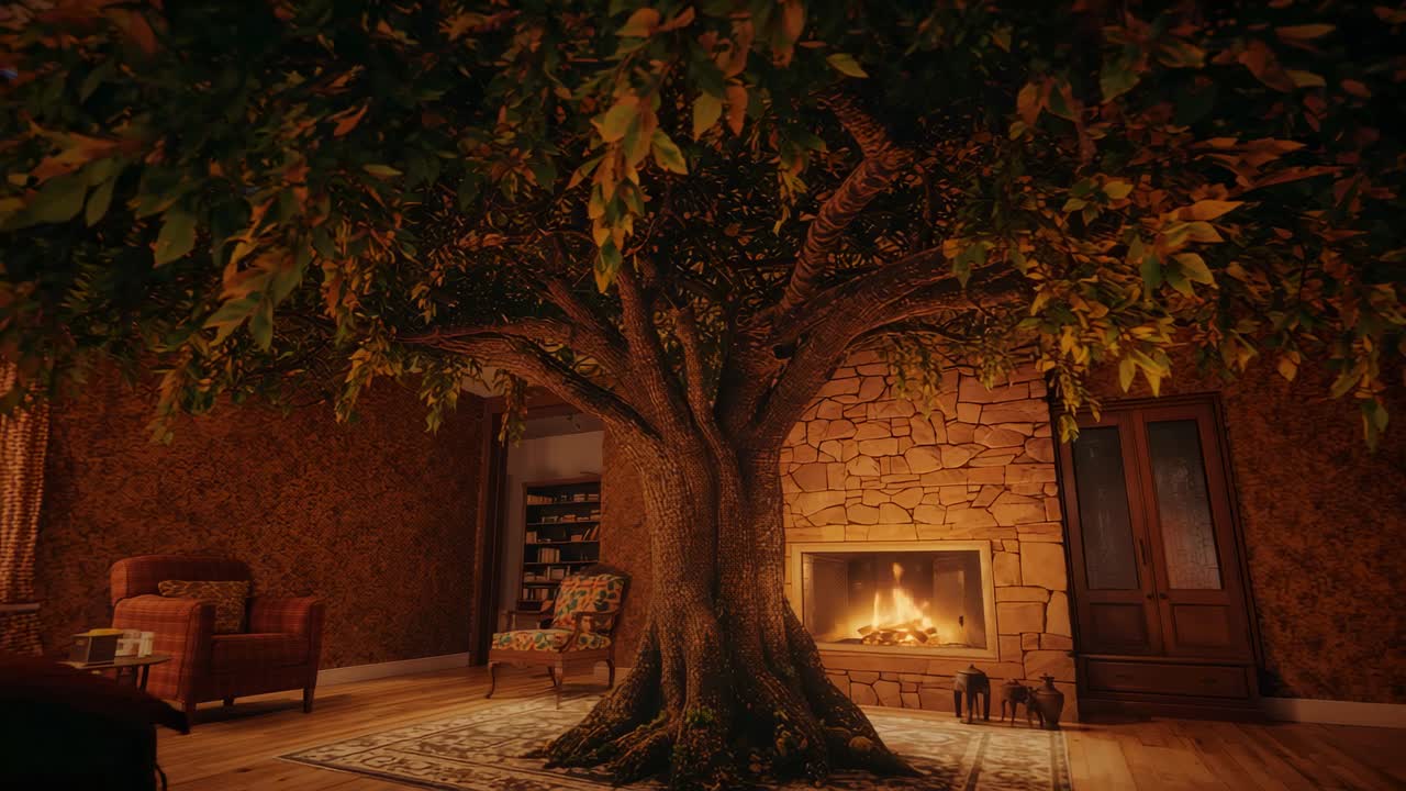 Flickering fire in fireplace illuminating mature tree standing on rug, with armchair lamp bookshelf