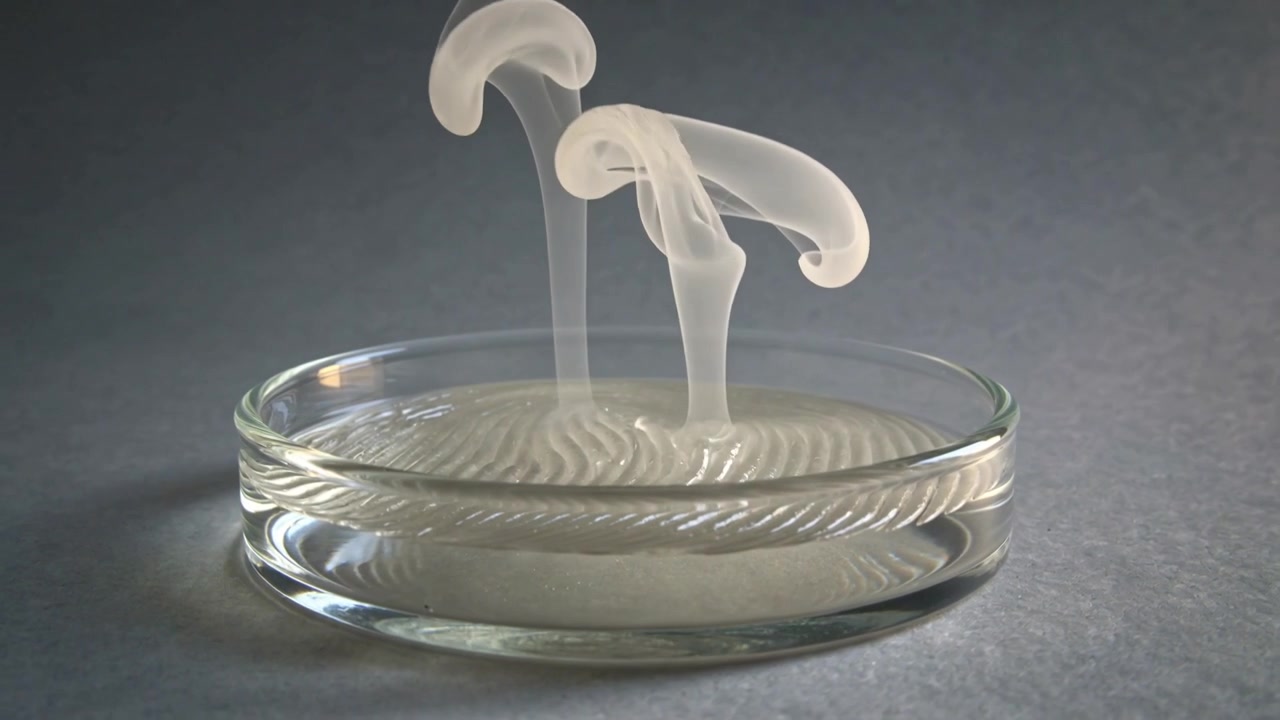 Versando un liquido bianco denso in un piatto di vetro trasparente, formando un cumulo striato che si divide in due calotte.