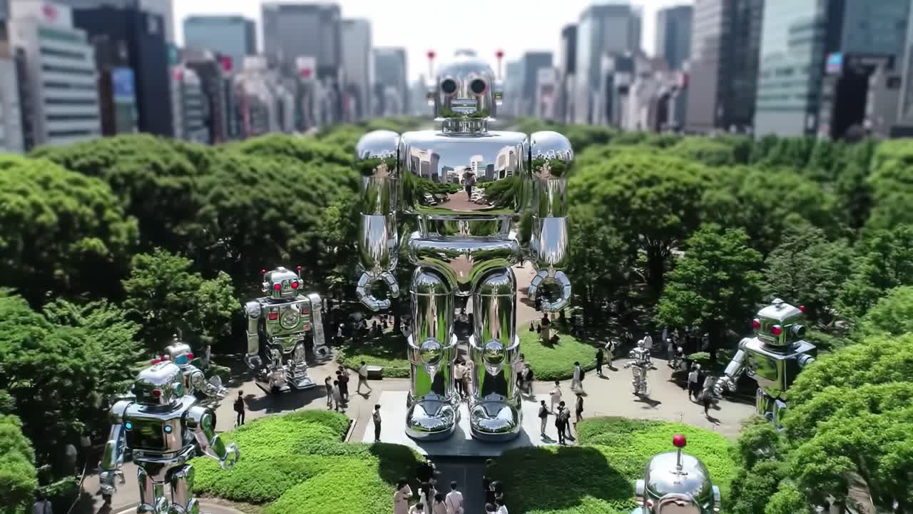 A group of shiny robotic sculptures stands prominently in a lush urban park, surrounded by greenery. The city skyline can be seen in the background on a sunny day.