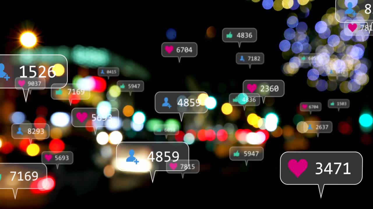 소셜 미디어 아이콘과 숫자의 애니메이션 초점이 맞지 않는 도시 불빛