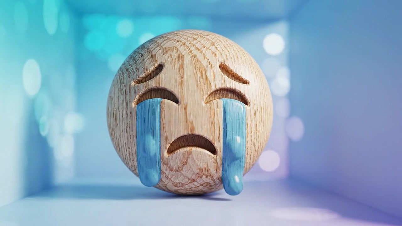 Uma Figura de Emoji de Madeira Expressando Profunda Tristeza com Lágrimas Azuis, Iluminada por Luz Suave e Ambientada em um Fundo Colorido e Desfocado, Capturando a Essência da Tristeza