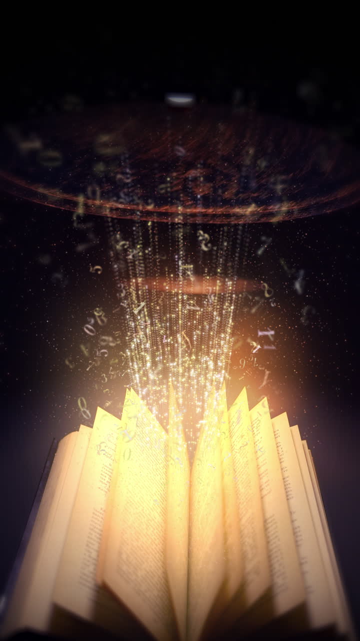 Open textbook in the rays of lantern light. Flying particles, numbers and symbols. Looped animation in a magical retro style. Vertical video.
