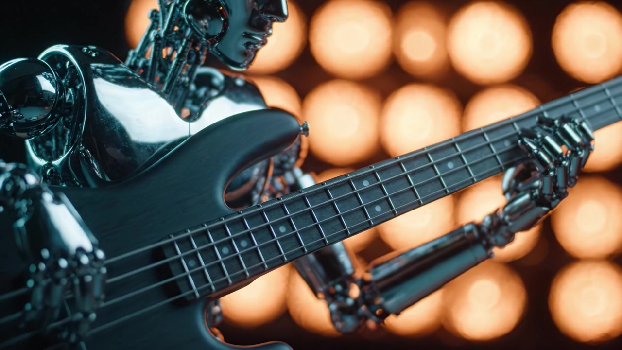 Parlayan ışıklar fonunda elektro bas gitar çalan fütüristik bir robot, müzik performansında teknoloji ve sanatın birleşimini sergiliyor.