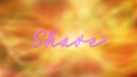 animation of neon purple share text banner against spots of light on orange background