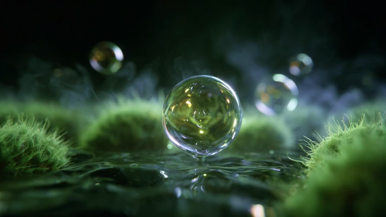 Captivating Close-Up of Glimmering Bubbles Among Lush Green Microbial Growth in a Serene Aquatic Environment with Soft Lighting and Vivid Colors