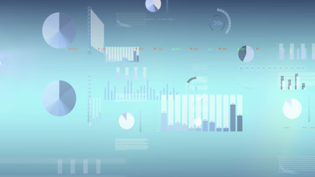 Animation of multiple graphs, loading circles and trading board against blue background