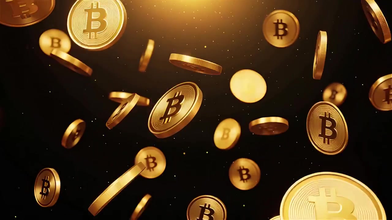 Bitcoin in rotazione su sfondo nero drammatico 4k