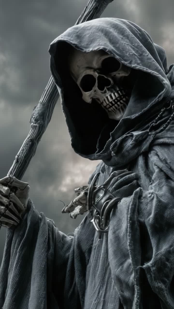 Eerie Presence of a Cloaked Figure: An Atmospheric Exploration of Death's Personification with a Skull and Staff Set Against a Dark, Ominous Sky