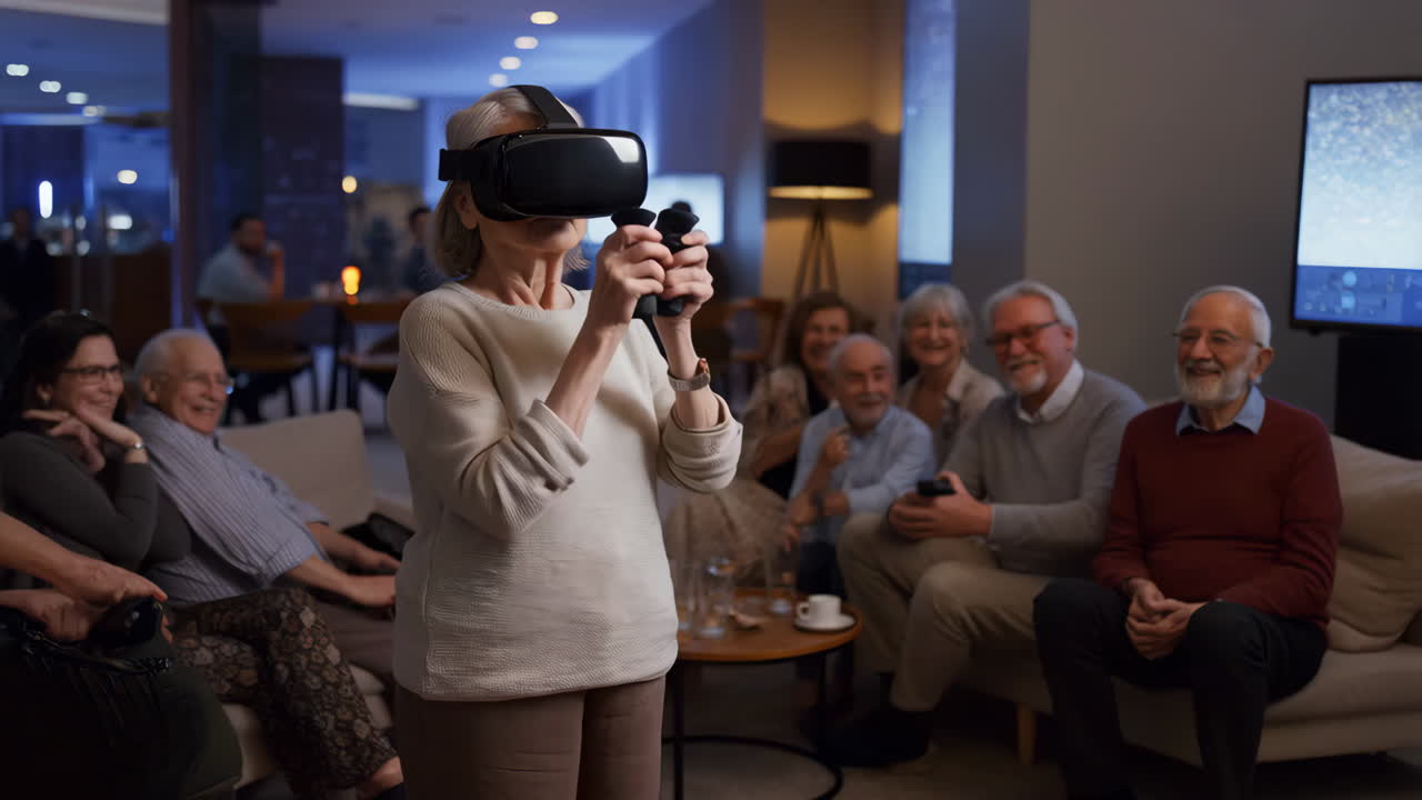 Elderly Woman Enjoying Virtual Reality with a Group of Seniors