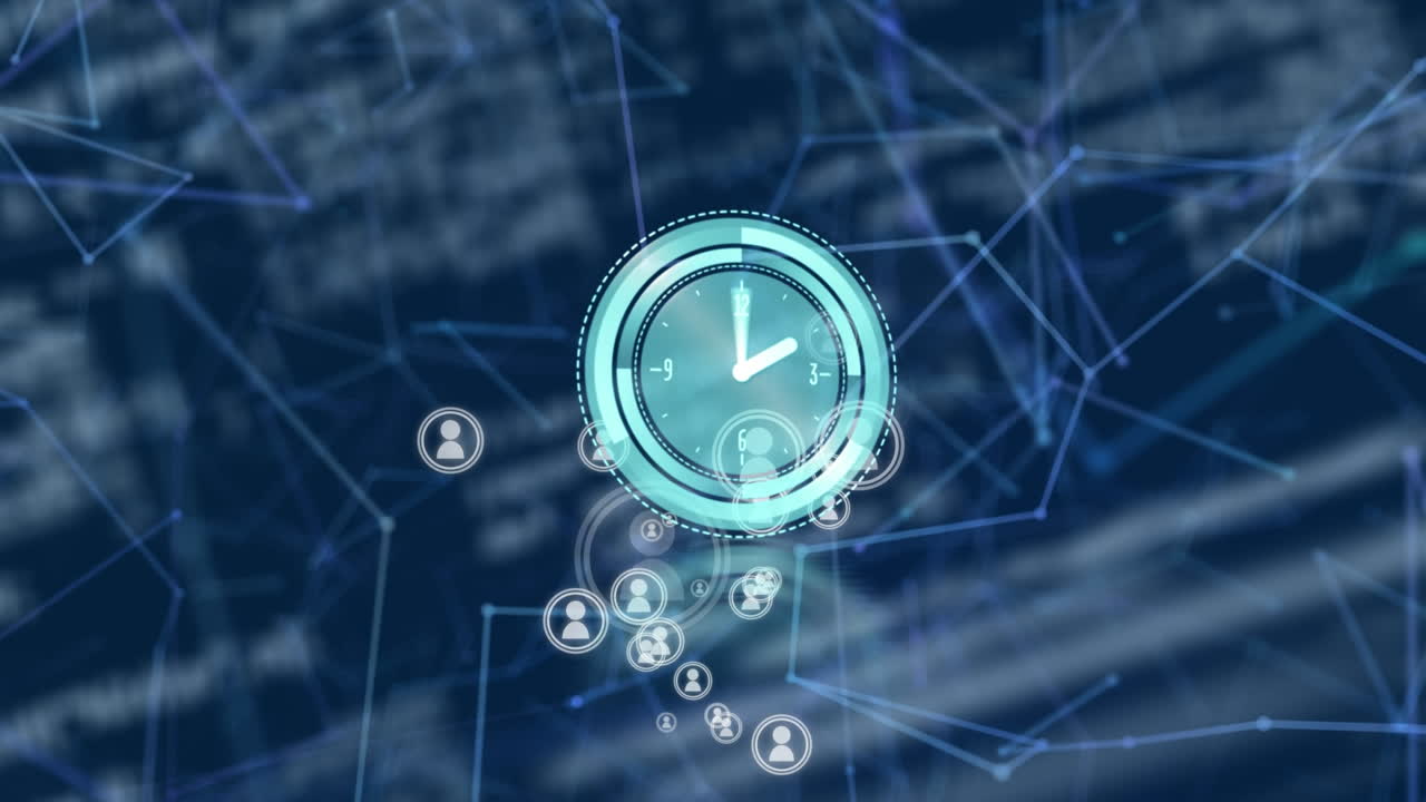 Animation of clock moving over globe, connections, data, icons and navy background