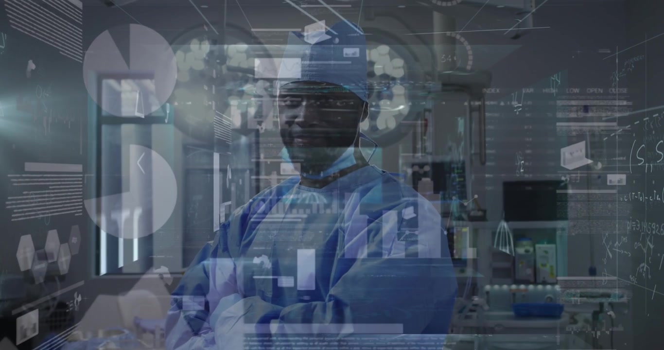 Animation of screens with data processing over african american male surgeon smiling at hospital