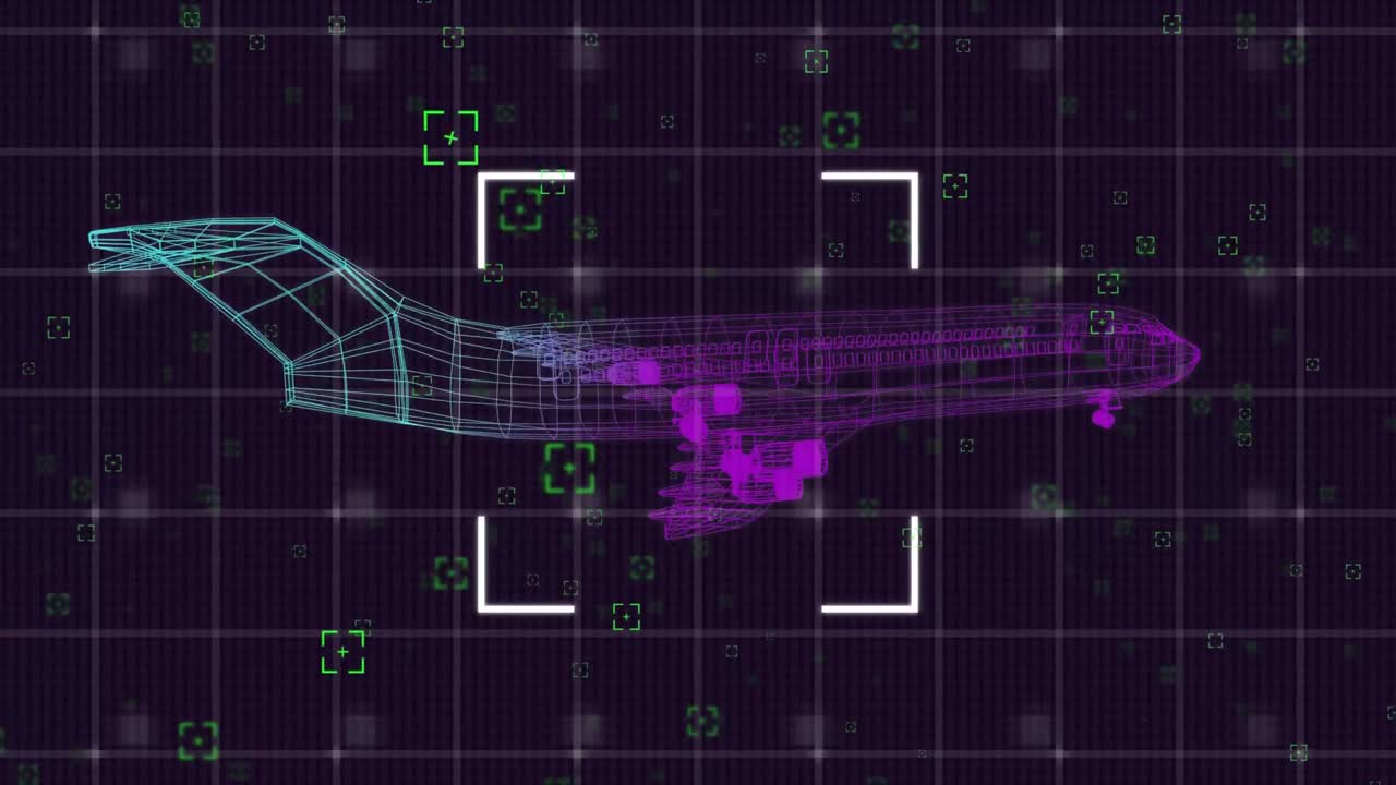 animación de un dibujo técnico 3d de un modelo de avión y enfoque