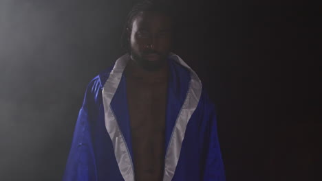 retrato de un boxeador con guantes y túnica en el ring antes del comienzo de un partido de boxeo saludando y saludando a los aficionados 1