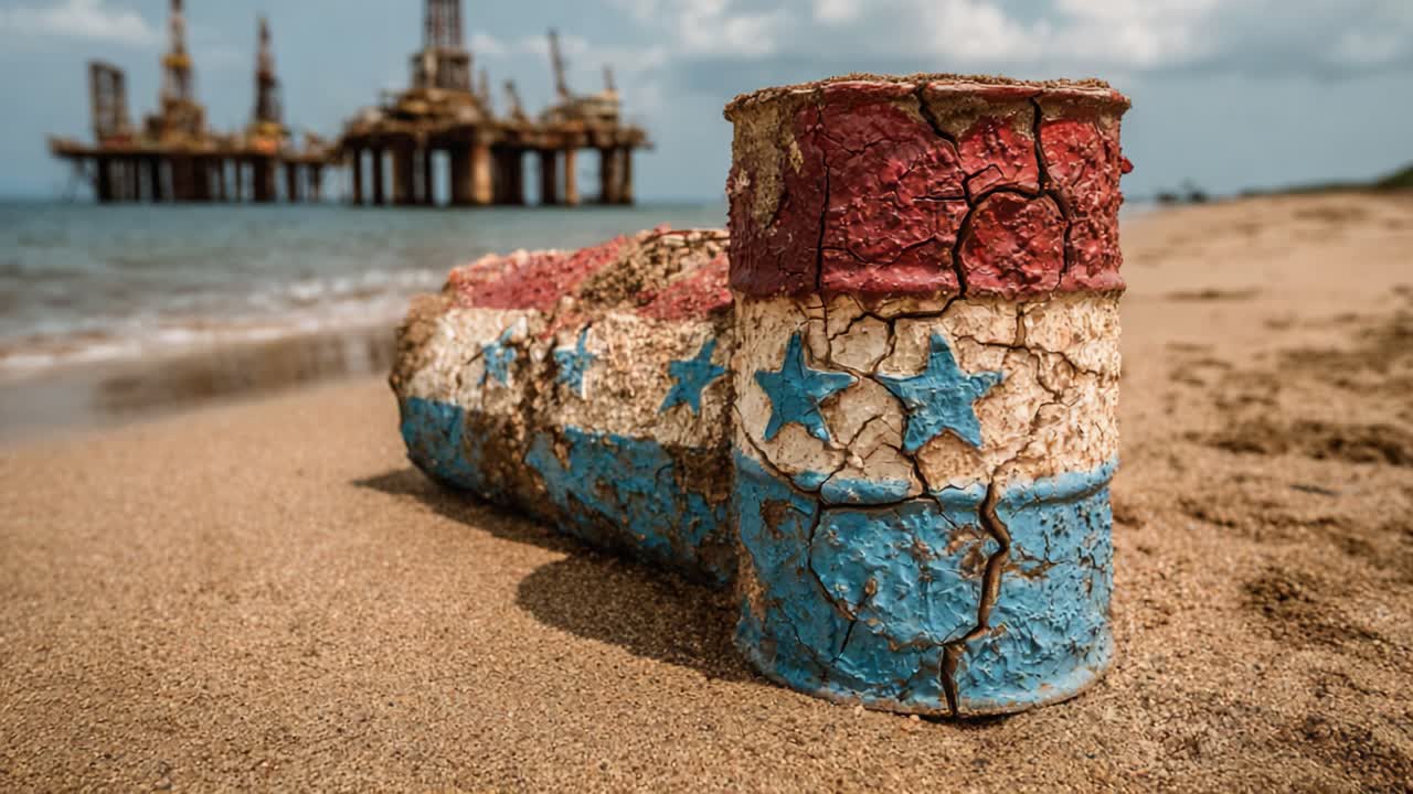 Un barile invecchiato e patriottico riposa sulla spiaggia sabbiosa, mostrando vivaci colori rosso e blu, con uno sfondo di piattaforme petrolifere che si stagliano dolcemente in lontananza sotto un cielo nuvoloso.