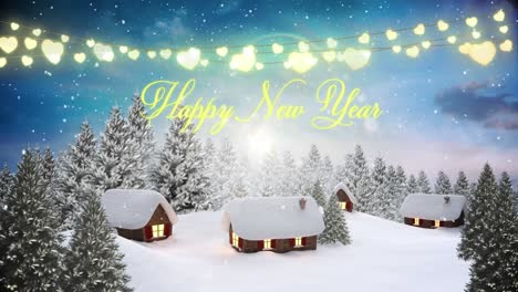 Animation-of-christmas-greetings-and-lights-over-winter-landscape