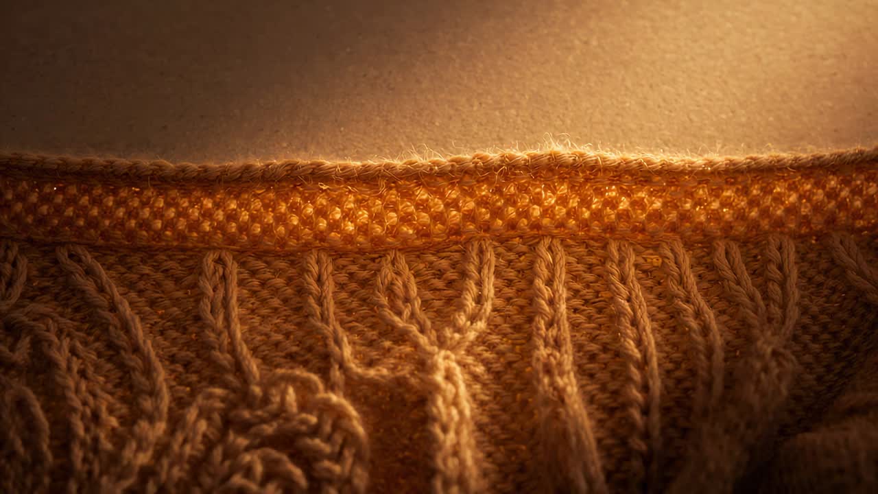 Lighting cable-knit sweater edge and narrow skin band, warm low-angle light intensifying in studio