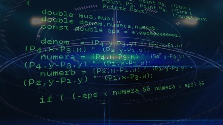 Scrolling C++ Source Code Over Abstract Digital HUD Interface