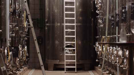 tilt-up shot reveals stainless steel wine tanks at a cellar