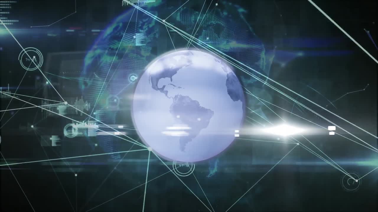 연결된 점과 그래프 아이콘 위에 지구의 애니메이션과 추상적인 배경 위에 렌즈 플레어
