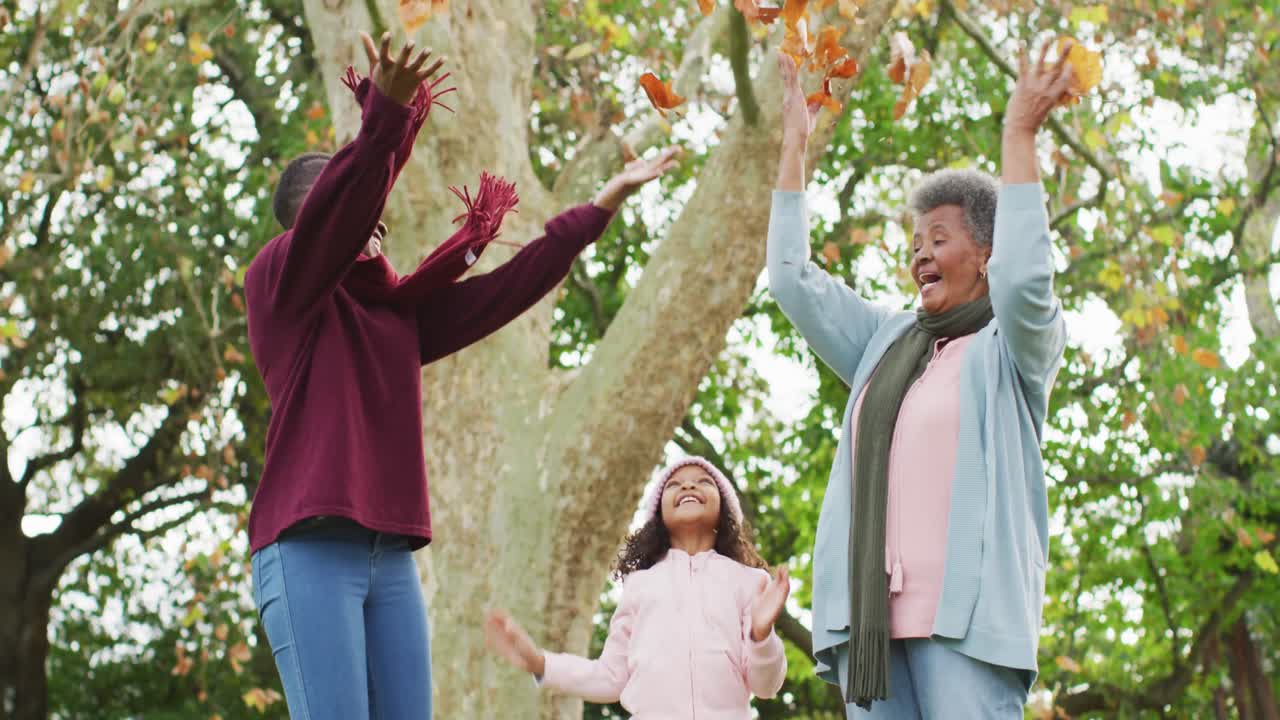 video de madre, hija y abuela afrodescendientes felices lanzando hojas de otoño en el jardín
