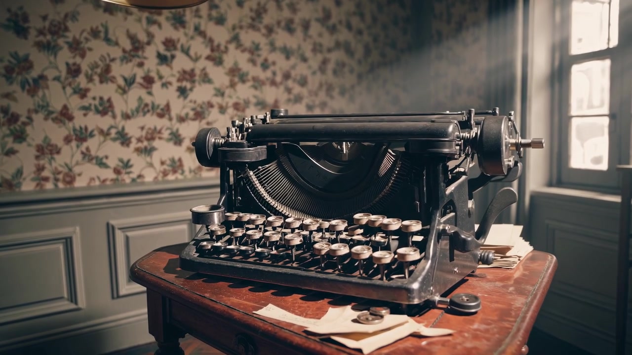 Macchina da scrivere vintage su scrivania di legno in una stanza illuminata dal sole