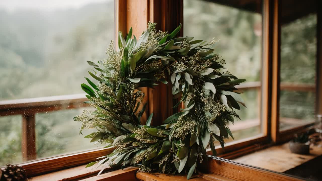 A Beautiful Greenery Wreath Adorning a Rustic Window: Nature's Touch Enhancing a Cozy Atmosphere with Fresh Leaves and Delicate Blooms