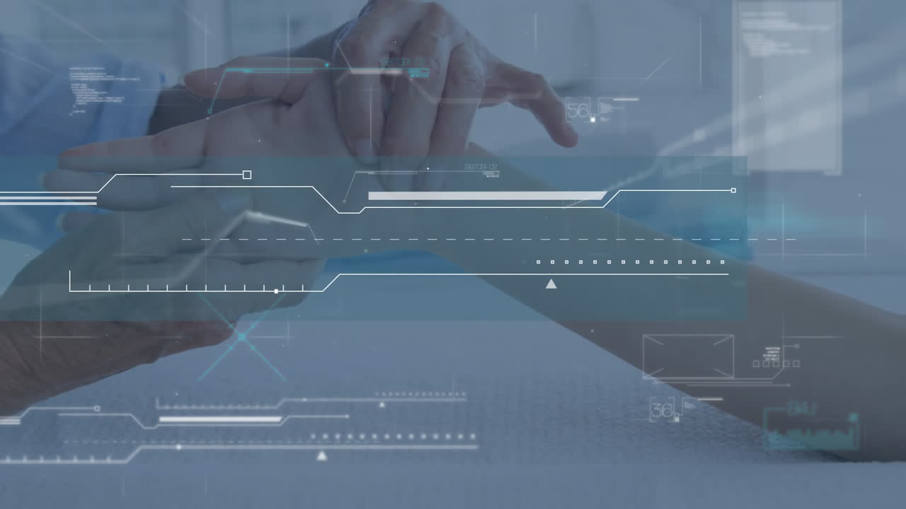 백인 남성 물리치료사와 여성 환자의 손을 통해 데이터 처리의 애니메이션