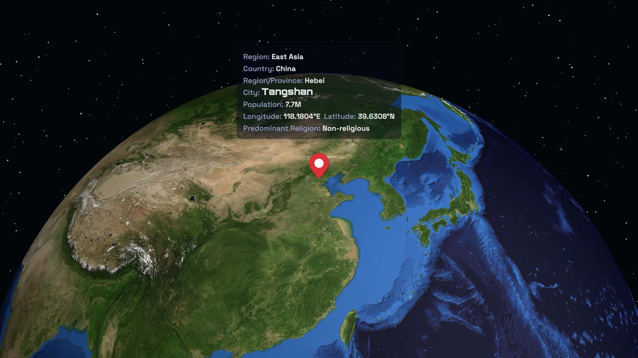 Digital globe rotates and zooms from space to a specific location marker in Tangshan China