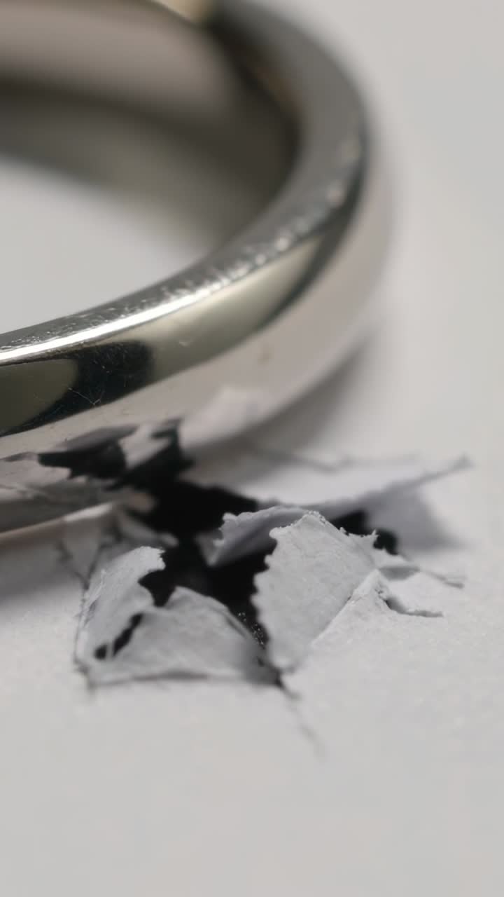 Anello d'argento che strappa una superficie di carta bianca in primo piano macro