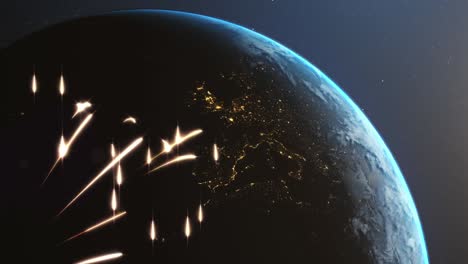 animación de fuegos artificiales de año nuevo sobre el globo giratorio en el cielo nocturno