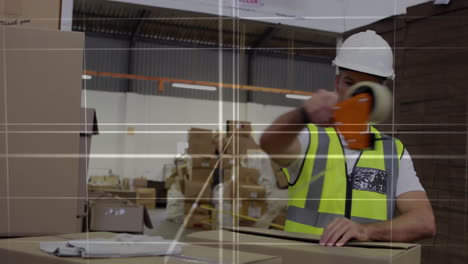 cerramiento de cajas en almacenes, animación de la red logística sobre fondo industrial