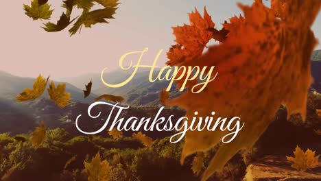 animation of happy thanksgiving text banner and autumn leaves falling over aerial view of mountains
