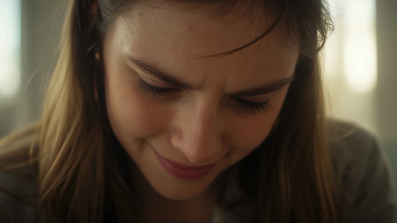 Mulher franzindo a testa, usando jaqueta com gola e suavizando o sorriso enquanto olha para baixo sob luz suave para um conteúdo não visível