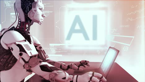 high quality 3d cgi profile shot of an artificial intelligence humaniod robot at a laptop computer in a virtual ai environment with data and equations floating around him - hot red color scheme