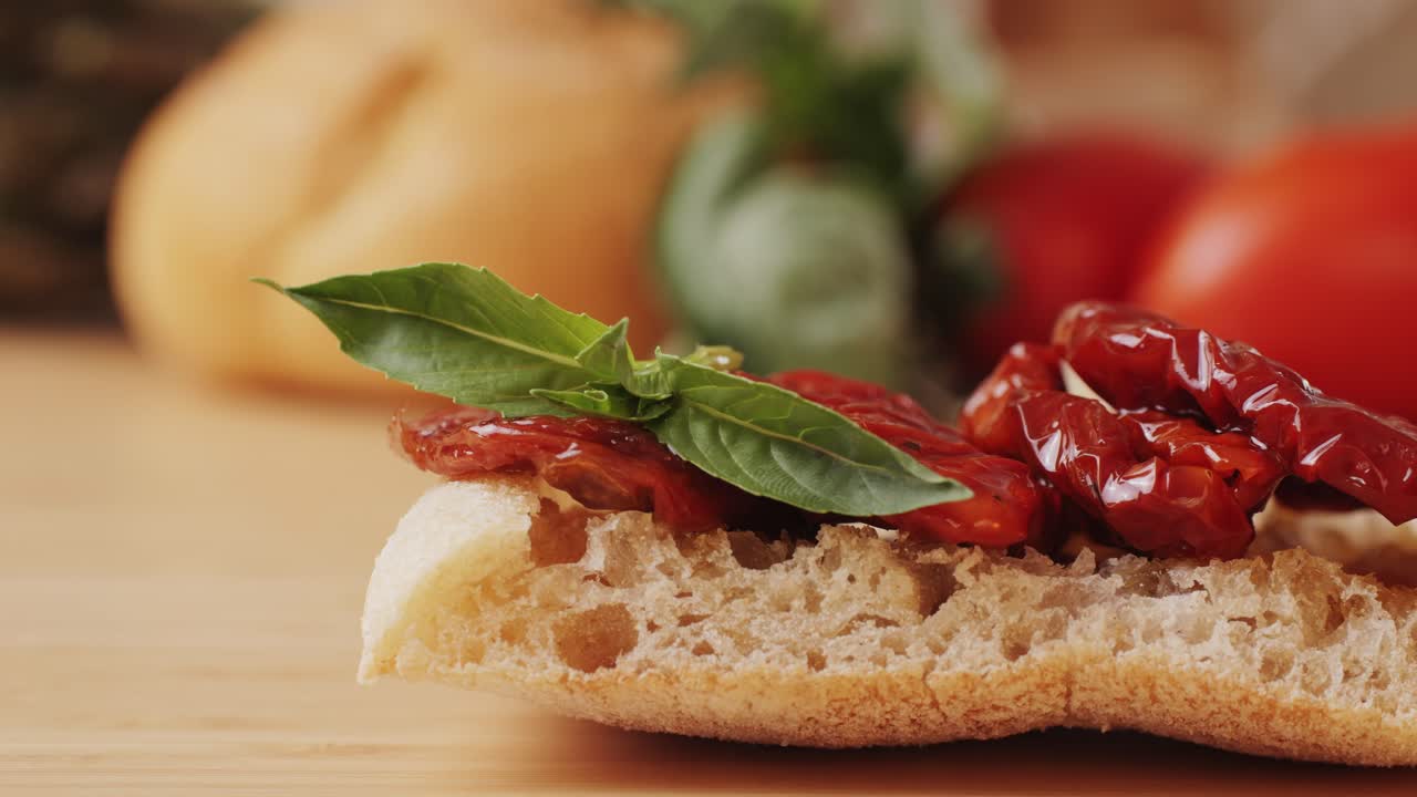 Dried tomatoes close up, Italian restaurant with traditional food, Spanish cuisine, delicious tapas and white wine, bruschetta with cheese, olives dry tomatoes and tasty sandwich bar appetizer, buffet