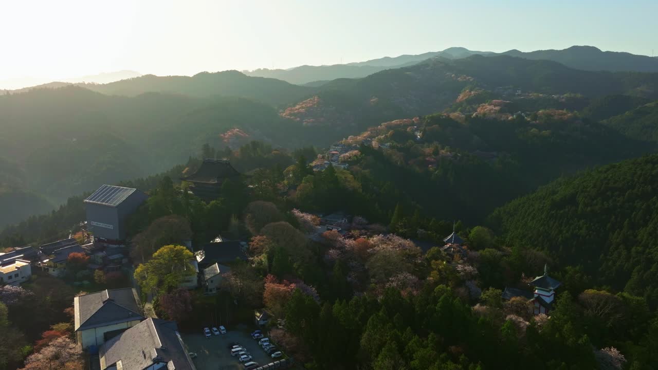 Aerial view of Japanese Nara Mt Yoshino in Cherry blossom spring mountain landscape, travel destination